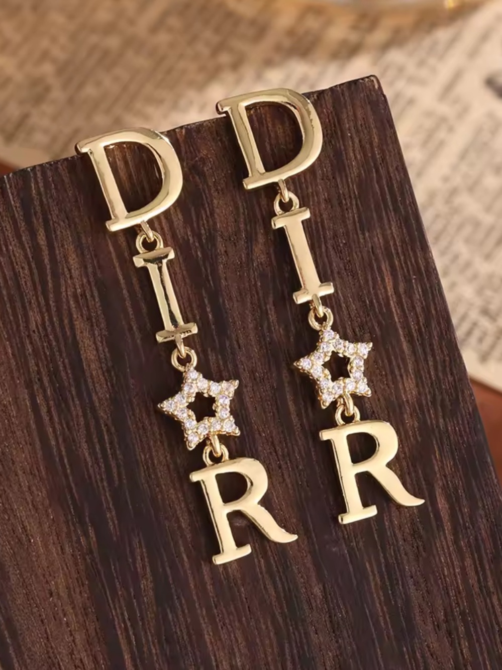 New Others Follow designer inspired Gold Letter Drop Earrings with Pave Star